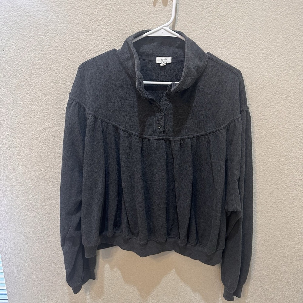 Aerie Soft Life Babydoll Henley Sweatshirt M Charcoal Micro Terrycloth Crop Cozy